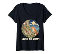 Women's Hen of The Woods Maitake Fox Ukiyo e Fall Foraging Fungi V-Neck T-Shirt