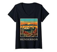 Women's Henderson Nevada Retro Vintage Desert Skyline Sunset City V-Neck T-Shirt