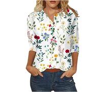 Women's Henley T Shirt V Neck Button Top Summer Casual Tunic Tops Ladies Button Up Blouses 3/4 Sleeve Shirts Floral Print Retro Loose Casual Blouse Basic Tee Shirt Ladies