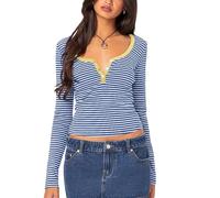 Women's Henley Tops Slim V Neck Button Down Long Sleeve Y2k Casual Basic Striped Ribbed Knit Shirt Blouse (A-Light Blue, L)