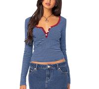 Women's Henley Tops Slim V Neck Button Down Long Sleeve Y2k Casual Basic Striped Ribbed Knit Shirt Blouse (A-Sky Blue, L)