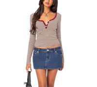 Women's Henley Tops Slim V Neck Button Down Long Sleeve Y2k Casual Basic Striped Ribbed Knit Shirt Blouse (A-Wine Red, M)