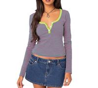 Women's Henley Tops Slim V Neck Button Down Long Sleeve Y2k Casual Basic Striped Ribbed Knit Shirt Blouse (A-Green, M)