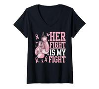 Womens Her Fight Is My Fight Bow Pink Breast Cancer Awareness V-Neck T-Shirt