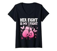 Womens Her Fight Is My Fight Bow Pink Breast Cancer Awareness V-Neck T-Shirt
