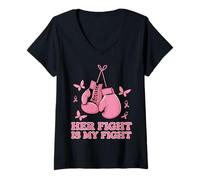 Womens Her Fight Is My Fight Bow Pink Breast Cancer Awareness V-Neck T-Shirt