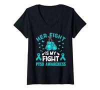 Womens Her Fight is My Fight PTSD Awareness Boxing Teal Ribbon V-Neck T-Shirt