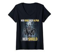 Womens Her King Her Alpha Her Shield Funny Alpha Wolf Meme V-Neck T-Shirt