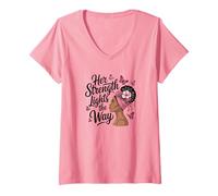 Womens Her Strength Lights The Way - Breast Cancer Awareness Quote V-Neck T-Shirt