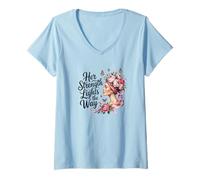 Womens Her Strength Lights The Way - Breast Cancer Awareness Tee V-Neck T-Shirt