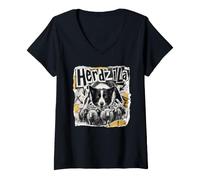 Women's HerdZilla Border Collie Dog Herding Sheep V-Neck T-Shirt