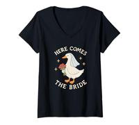 Womens Here Comes The Bride Goose Wedding Embroidered Look Style V-Neck T-Shirt