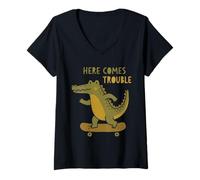 Women's Here Comes Trouble Crocodile Skateboard Funny Skateboarding V-Neck T-Shirt