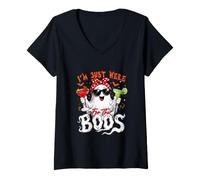Women's Here for Boos Halloween Boo Ghost Bow Tie Drinking Cocktail V-Neck T-Shirt