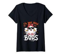 Women's Here for Boos Halloween Boo Ghost Bow Tie Drinking Rum V-Neck T-Shirt