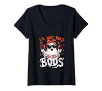 Women's Here for Boos Halloween Boo Ghost Bow Tie Drinking Wine V-Neck T-Shirt