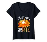Womens Here for Pie Thanksgiving Leopard Fall Leaves Pumpkin Pie V-Neck T-Shirt