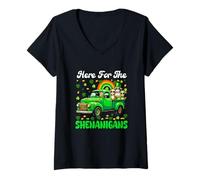 Women's Here for Shenanigans Patrick's Day Goats On Pickup Truck V-Neck T-Shirt