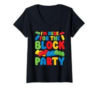 Women's Here for The Block Party Birthday Block Building Brick V-Neck T-Shirt