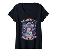 Women's Here for the Cats Humans are Weird Alien UFO Design V-Neck T-Shirt