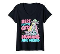 Women's Here for The Cats Humans are Weird Alien UFO Kitty Funny V-Neck T-Shirt