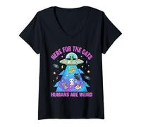 Women's Here for The Cats Humans are Weird Cosmic UFO Galaxy Chibi V-Neck T-Shirt