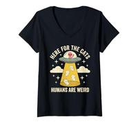 Women's Here for The Cats Humans are Weird Vintage UFO White Cat V-Neck T-Shirt