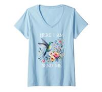 Womens Here I Am Send Me Isaiah 6:8 Bible Christian Hummingbird V-Neck T-Shirt