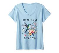 Womens Here I Am Send Me Isaiah 6:8 Bible Christian Hummingbird V-Neck T-Shirt