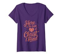 Women's Here in The Love of Christ I Stand V-Neck T-Shirt, Purple, Medium