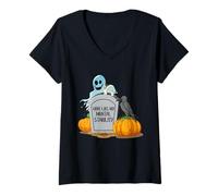 Womens Here Lies My Mental Stability Ghosy Halloween Pumpkin V-Neck T-Shirt