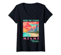 Women's Here We Come Vacation Tropical Summer Miami Beach V-Neck T-Shirt