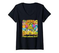 Women's Here We Go Again Funny Back to School Summerween Monster V-Neck T-Shirt