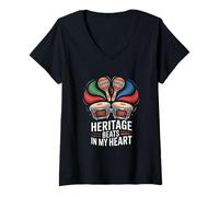 Womens Heritage Beats in My Heart Latin Rhythm Maracas Bongos V-Neck T-Shirt