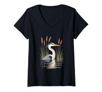 Women's Heron Reflections in Reeds Bird Scene V-Neck T-Shirt