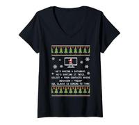 Womens He's Making A Database He's Sorting It Twice Ugly Christmas V-Neck T-Shirt