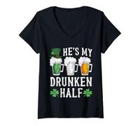 Women's He's My Drunken Half Irish Beer Mens Womens St Patricks Day V-Neck T-Shirt