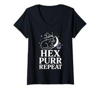 Womens Hex Purr Repeat Funny Witch Cat Humor Sarcastic Magic Vibes V-Neck T-Shirt