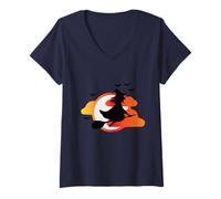 Womens Hexe auf Besen VOR Sonnenuntergang mit Fledermäusen V-Neck T-Shirt