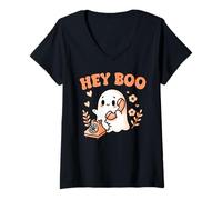 Womens Hey Boo Ghost Girl Calling Phone Halloween Spooky Boo JEE V-Neck T-Shirt