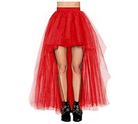 Women's Hi-Lo Long Tutu Tulle Bustle Skirt, Elastic Waist Festival Party Skirt, Homecoming, Wedding, Evening Party, Christmas Event, Halloween, One Size Red