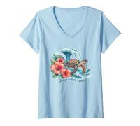 Womens Hibiscus Flower Ocean Wave Sea Turtle V-Neck T-Shirt