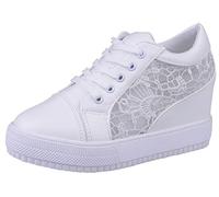 Women's Hidden Wedge Platform Sneakers Ladies Lace Comfortable High Heeled Sneakers Lace Up Fashion Lightweight Non-Slip Trainers Walking Brides Shoes(White,5 UK)