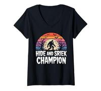 Womens Hide and Shriek Champion Bigfoot Forest Night Halloween V-Neck T-Shirt