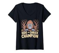 Womens Hide and Shriek Champion Bigfoot Forest Night Halloween V-Neck T-Shirt
