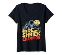 Womens Hide and Shriek Champion Bigfoot Forest Night Halloween V-Neck T-Shirt
