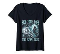 Women's Hide Your Toes The Alpha's Here Cool Funny Alpha Wolf Meme V-Neck T-Shirt