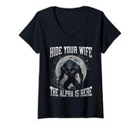 Womens Hide Your Wife The Alpha is Here Funny Hard Meme Bootleg V-Neck T-Shirt