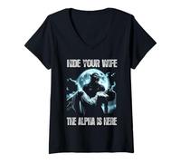 Womens Hide Your Wife The Alpha's Here Funny Wolf Howling Meme Funn V-Neck T-Shirt