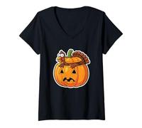 Womens Hiding Turkey Pumpkin Funny Fall Holiday V-Neck T-Shirt